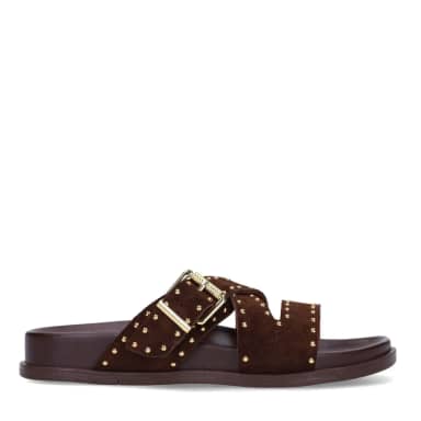 Manfield Bruine Suède Slippers Met Studs Met Plateau Zool Met Gespsluiting