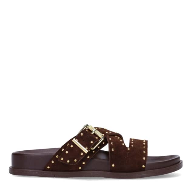 Manfield Bruine Suède Slippers Met Studs Met Plateau Zool Met Gespsluiting