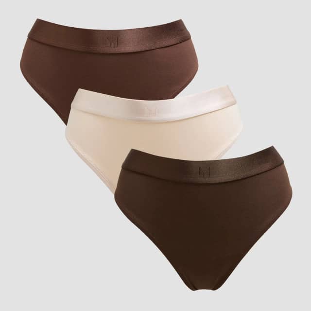 Myprotein MP middelhoge string voor dames (verpakking met drie stuks) - Donkerchocoladebruin/bruin/roomgeel