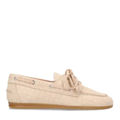 Manfield Beige Suède Croco Boatloafers Met Veters