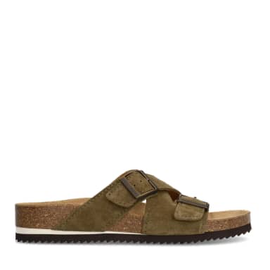 Manfield Groene Suède Slippers Met Gespsluiting