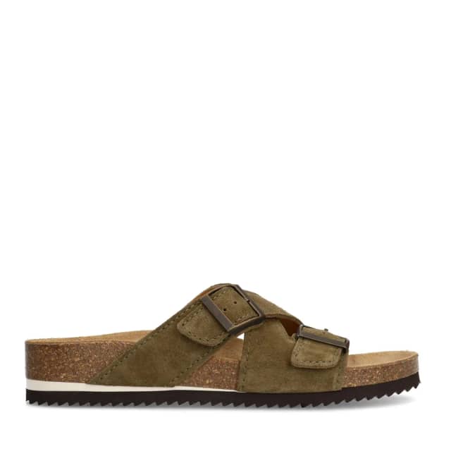 Manfield Groene Suède Slippers Met Gespsluiting