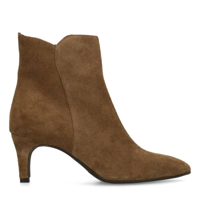 Manfield Taupe Suède Enkellaarsjes Met Naaldhak Van 7 Cm Met Ritssluiting