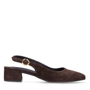 No Stress Bruine Suède Slingbacks Met Blokhak Van 5 Cm Met Gespsluiting