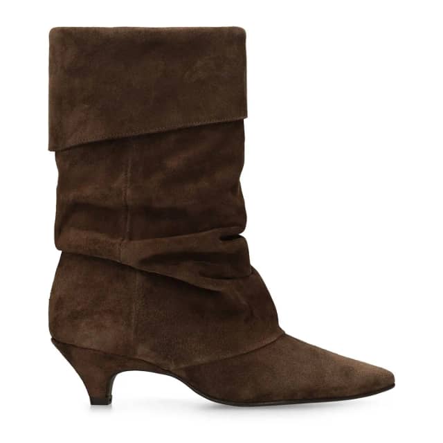 Manfield Bruine Suède Slouchy Enkellaarsjes Met Hak