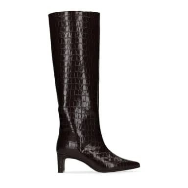 Manfield Bruine Leren Hoge Laarzen Met Croco Print Met Rechte Hak Van 6 Cm