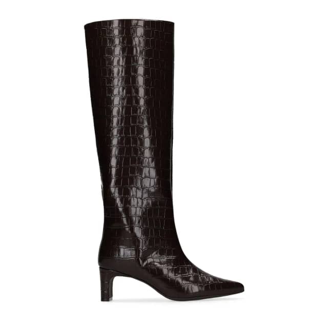 Manfield Bruine Leren Hoge Laarzen Met Croco Print Met Rechte Hak Van 6 Cm