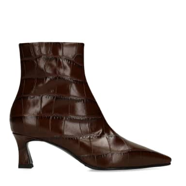 Manfield Donkerbruine Leren Croco Enkellaarsjes Met Hak Met Ritssluiting