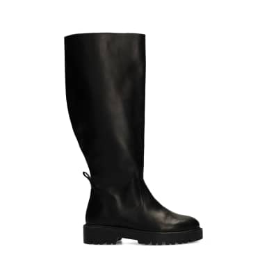Manfield Zwarte Leren Hoge Laarzen Met Brede Schacht Met Plateau Zool Van 4 Cm Met Ritssluiting