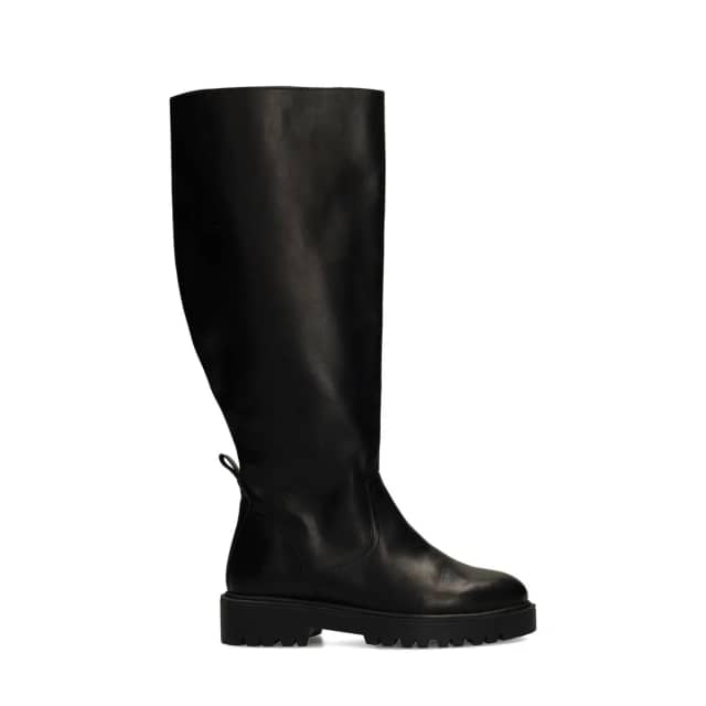 Manfield Zwarte Leren Hoge Laarzen Met Brede Schacht Met Plateau Zool Van 4 Cm Met Ritssluiting