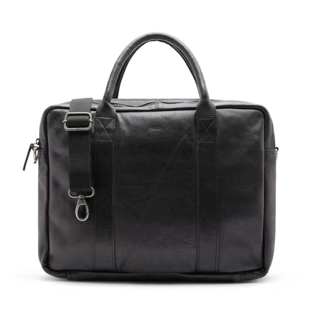 Manfield 18 Inch Zwarte Leren Laptoptas Met Ritssluiting
