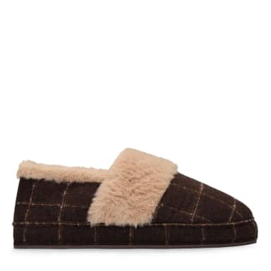 Manfield Manfield Bruine Geruite Pantoffels Met Bont