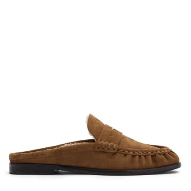 Beige suède instappers met wol