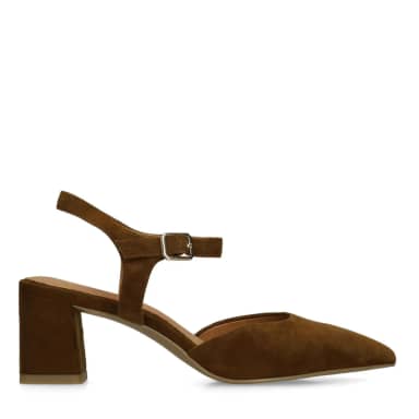 No Stress Bruine Suède Slingbacks Met Blokhak Van 6 Cm Met Gespsluiting