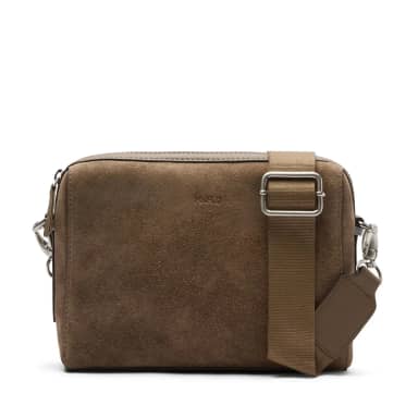 Manfield Taupe Suède Unisex Schoudertas Met Ritssluiting