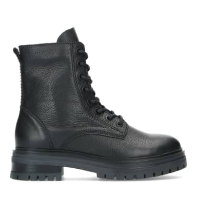 Manfield Zwarte Leren Veterlaarsjes Met Plateau Hak Van 4 Cm