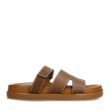 Cognac leren slippers met klittenband