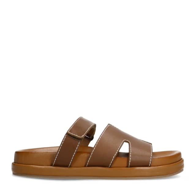 Sacha Cognac leren slippers met klittenband