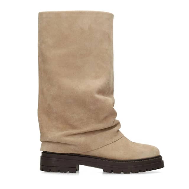 Manfield Beige Suède Laarzen Met Flap Met Plateau Hak Van 4 Cm Met Ritssluiting
