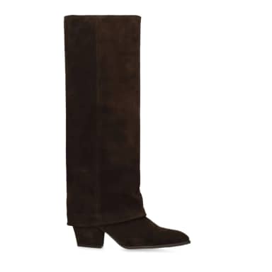 Manfield Donkerbruine Suède Hoge Laarzen Met Flap Met Blokhak Van 6 Cm