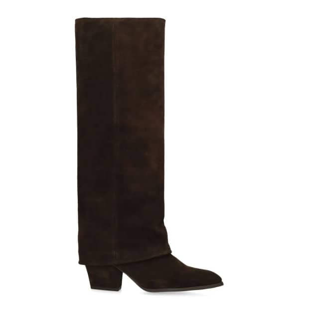 Manfield Donkerbruine Suède Hoge Laarzen Met Flap Met Blokhak Van 6 Cm