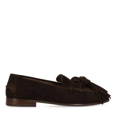 Manfield Donkerbruine Suède Loafers Met Franjes