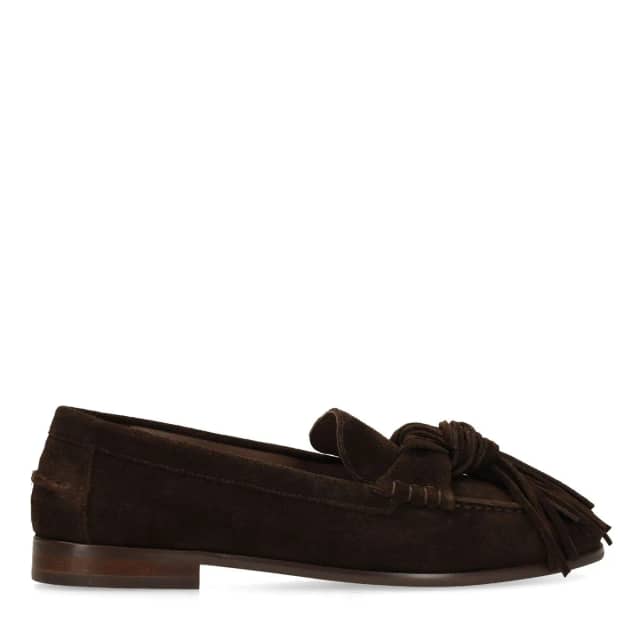 Manfield Donkerbruine Suède Loafers Met Franjes