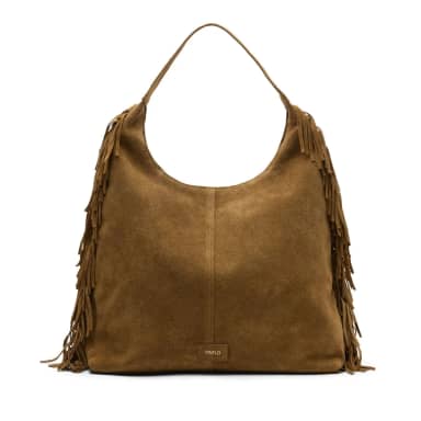 Manfield Cognac Suède Schoudertas Met Franjes