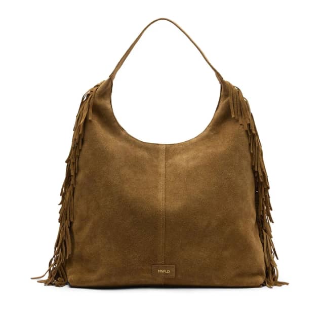 Manfield Cognac Suède Schoudertas Met Franjes