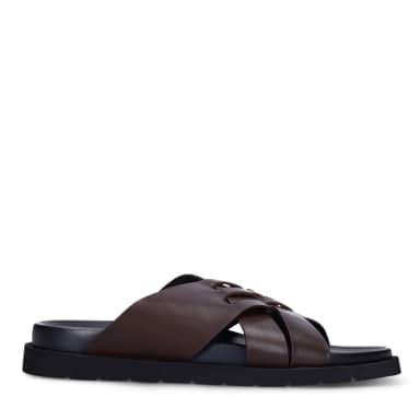 Manfield Bruine Leren Slippers Met Gespsluiting