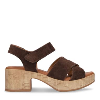 Manfield Bruine Suède Sandalen Met Blokhak Met Klittenband Sluiting