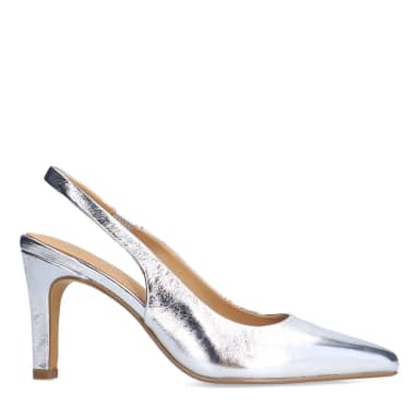 Manfield Zilverkleurige Leren Slingbacks Met Naaldhak Van 9 Cm Met Gespsluiting