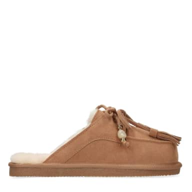 Manfield Manfield Cognac Suède Pantoffels Met Bontvoering