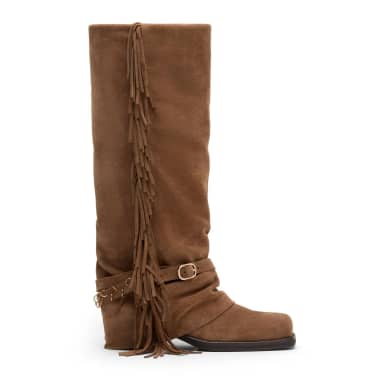 Beige suède laarzen met flap en franjes