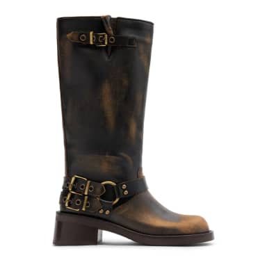 Brownwashed buckle biker boots