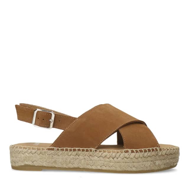 Manfield Cognac Suède Sandalen Met Plateau Zool Met Gespsluiting