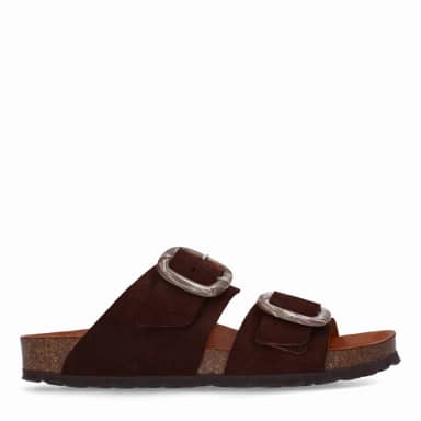 Manfield Bruine Suède Slippers Met Gesp Met Plateau Zool