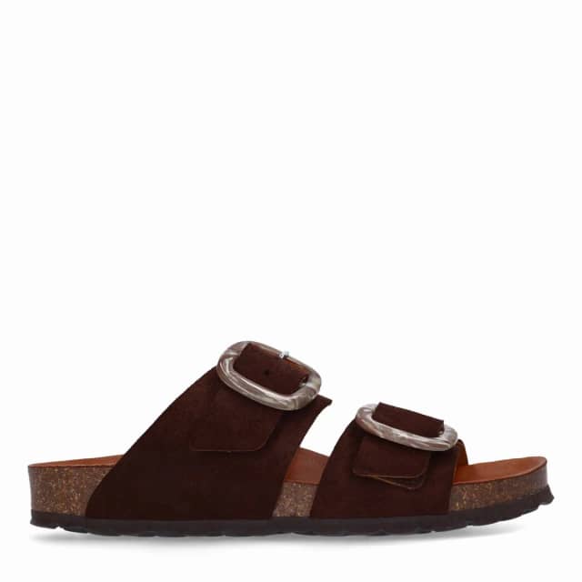 Manfield Bruine Suède Slippers Met Gesp Met Plateau Zool