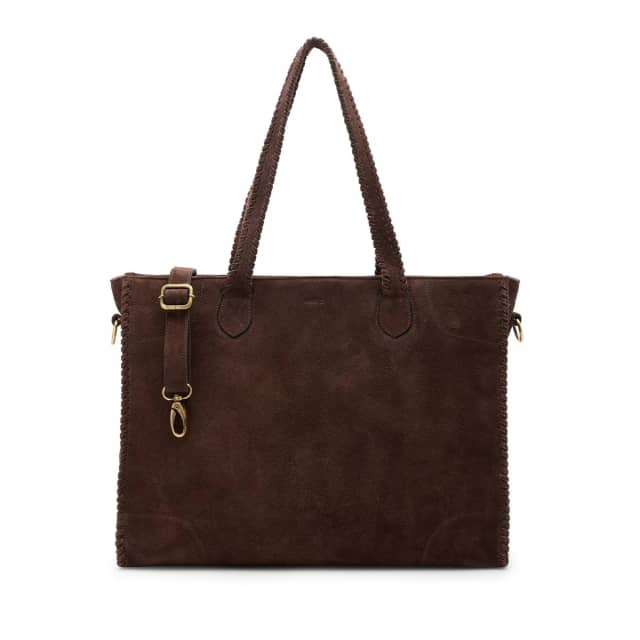 Manfield Donkerbruine Suède Shopper Met Gevlochten Details Met Ritssluiting