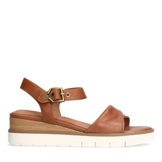 No Stress Cognac Leren Sandalen Met Witte Zool Met Sleehak Van 4 Cm Met Gespsluiting