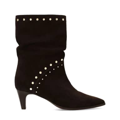 Manfield Donkerbruine Suède Enkellaarsjes Met Studs Met Naaldhak Van 6 Cm