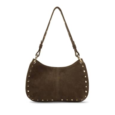 Manfield Donker Bruin Suède Schoudertasje Met Gouden Studs Met Ritssluiting