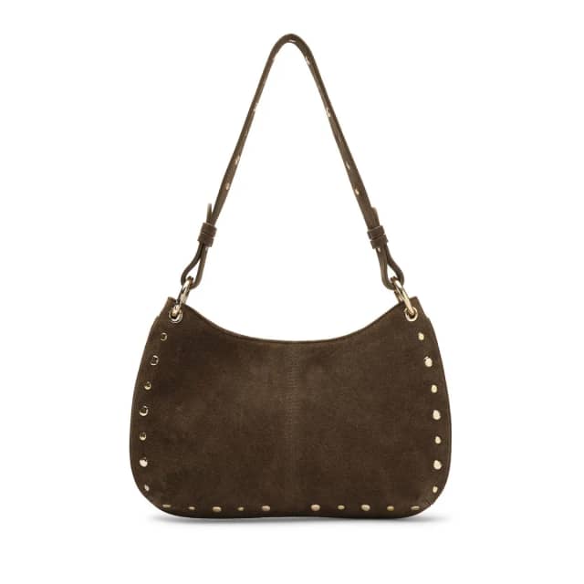 Manfield Donker Bruin Suède Schoudertasje Met Gouden Studs Met Ritssluiting