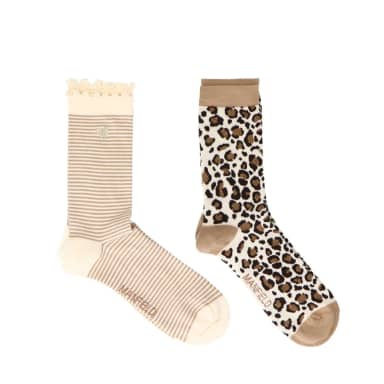 Manfield Manfield 2-pack Leopard En Beige Gestreepte Sokken