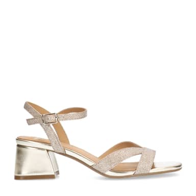 Manfield Gouden Leren Sandalen Met Hak En Glitters Met Gespsluiting
