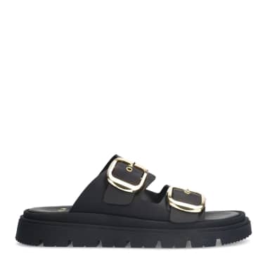Manfield Zwarte Leren Slippers Met Gesp Met Plateau Zool