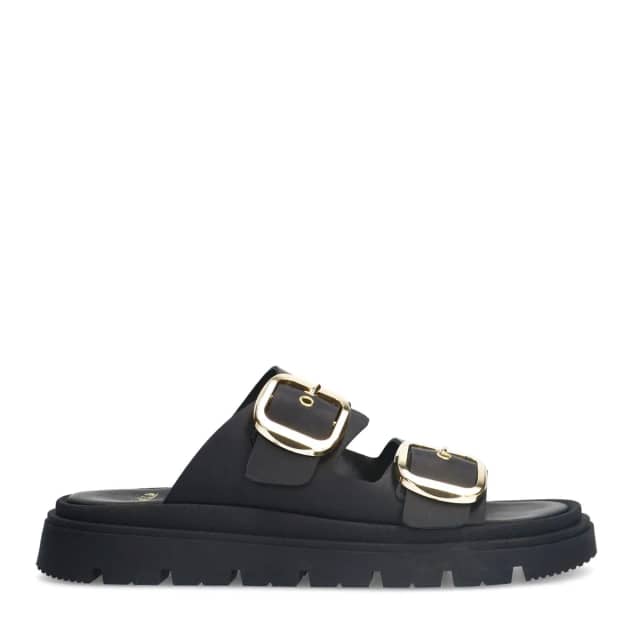 Manfield Zwarte Leren Slippers Met Gesp Met Plateau Zool