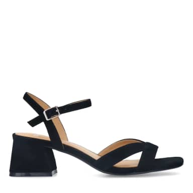 Manfield Zwarte Suède Sandalen Met Hak Met Gespsluiting