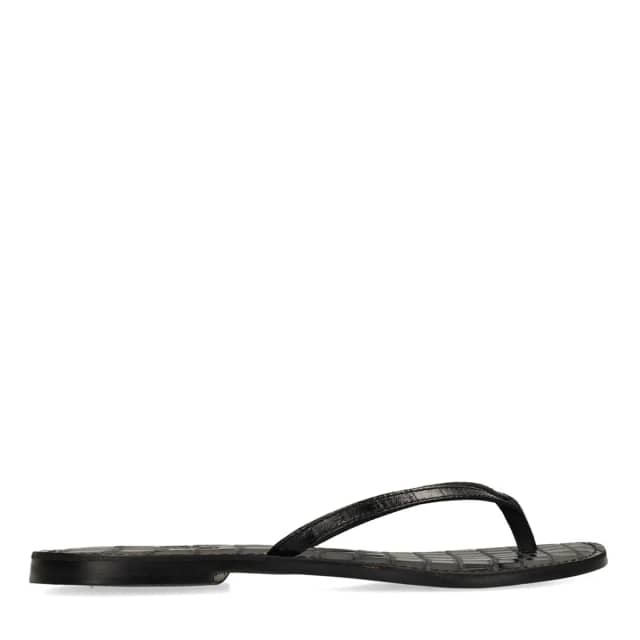 Sacha Zwarte leren croco teenslippers