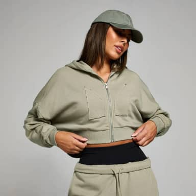 Myprotein MP geropte hoodie met rits en opgestikt motief - Donkersaliegroen